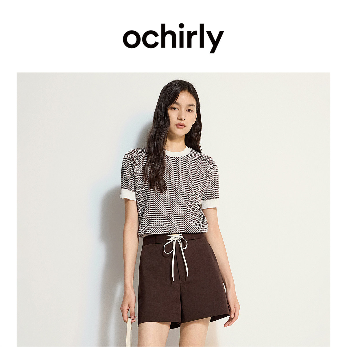 OCHIRLY欧时力 针织衫女夏款轻薄仿亚麻撞色条纹短袖上衣空调衫