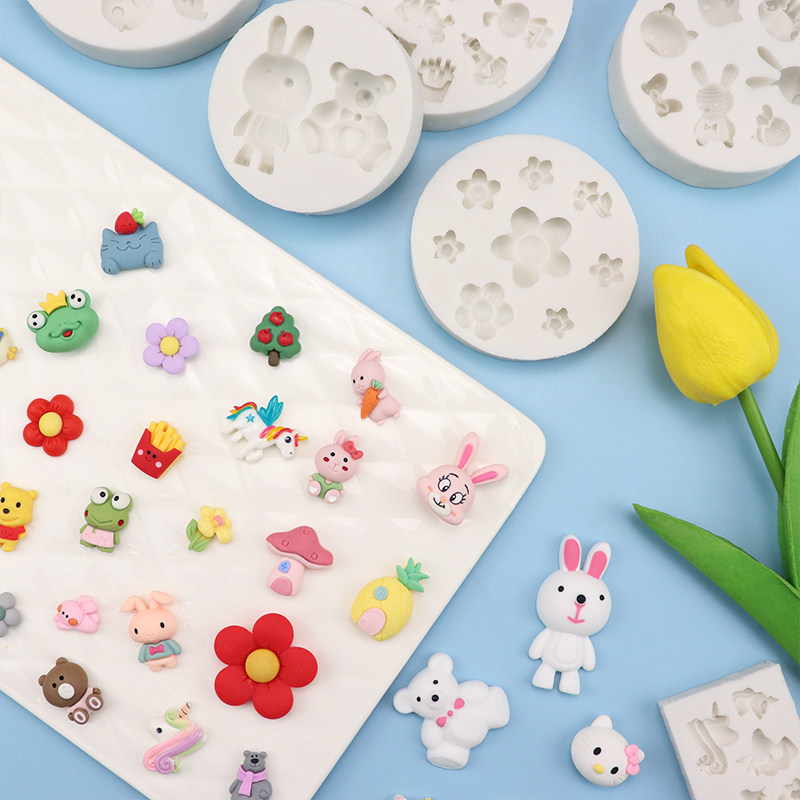 韩式卡通小动物小熊小兔猫咪蘑菇巧克力翻糖蛋糕装饰花朵硅胶模具
