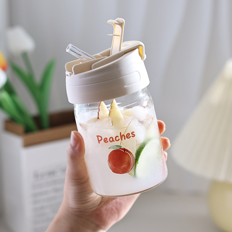 吃个桃子！原创便携玻璃杯吸管杯女咖啡杯兔子水杯子随手杯饮料杯