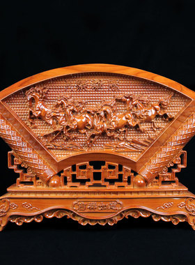 桃木八骏图书房麒麟三羊开泰摆件