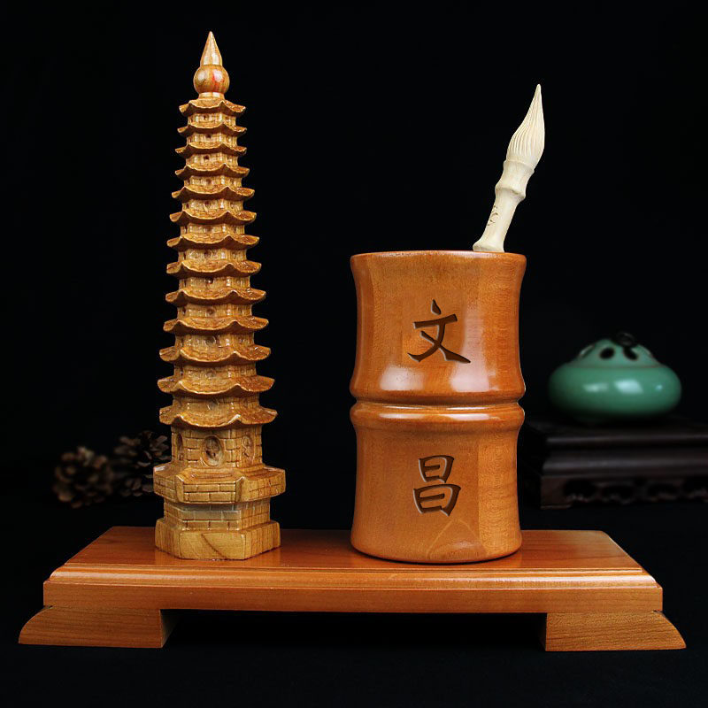 桃木文昌笔摆件13层木雕书房饰品