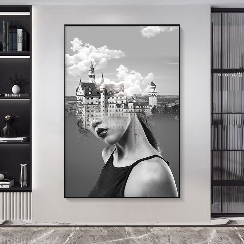 黑白玄关装饰画意境抽象艺术美女