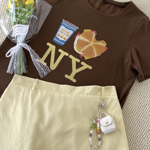 韩系复古印花圆领短袖T恤女