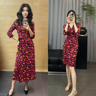 复古轻奢收腰长裙红唇印花针织真丝桑蚕丝度假裹身裙 新款 代购 DVF