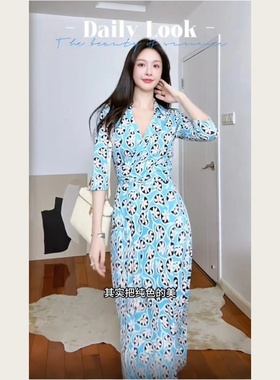 美国代购DVF2025秋季度假冰河蓝藤蔓花卉印花桑蚕丝中长款裹身裙