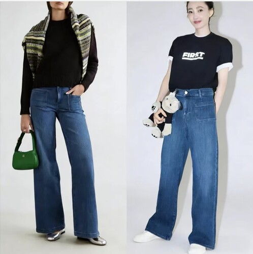 代购Frame Denim25春夏前贴口袋款高腰直筒阔腿拖地牛仔裤长裤女