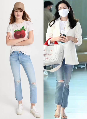 美国代购MOTHER新款牛仔裤高腰弹力修身不规则毛边微喇叭九分裤女