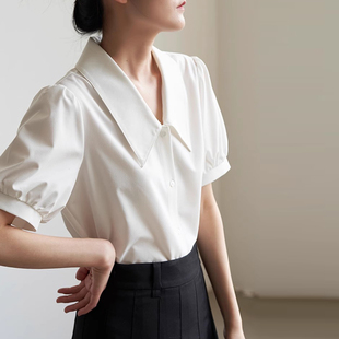 白色宽松泡泡袖衬衫女职业通勤气质工装教资面试答辩气质短袖上衣