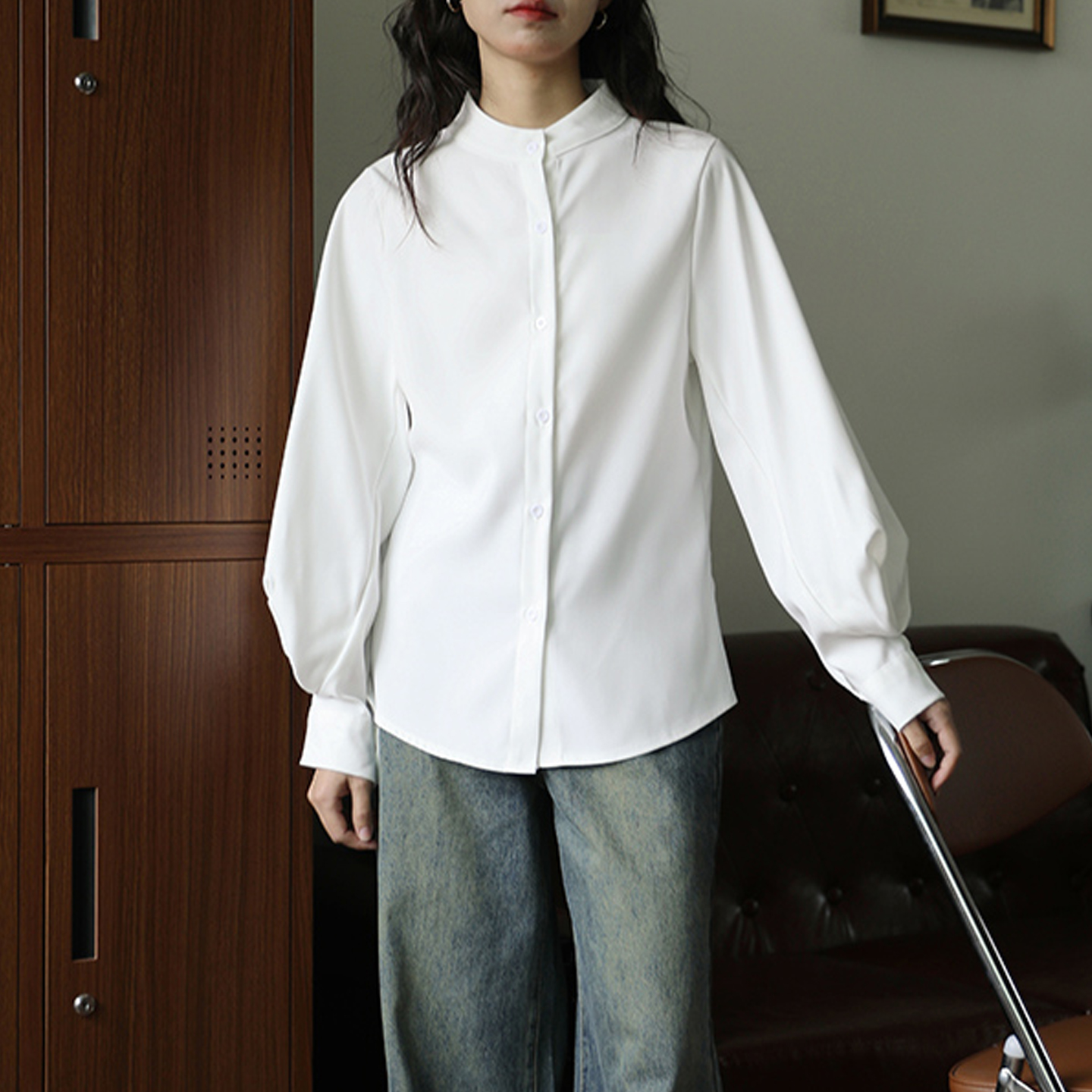 学院风白色立领加厚衬衫女磨毛秋
