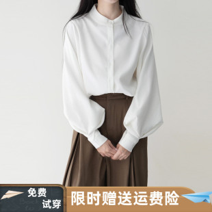 灯笼袖白色衬衫女长袖磨毛上衣2025秋韩版宽松港味立领泡泡袖衬衣