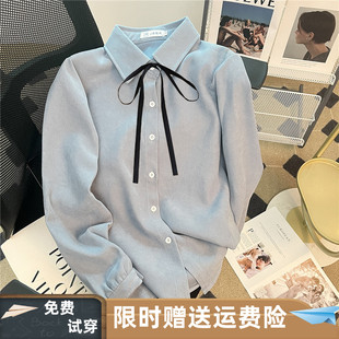 2025春秋季新品学院风加厚长袖纯色衬衫女百搭系带蝴蝶结打底上衣