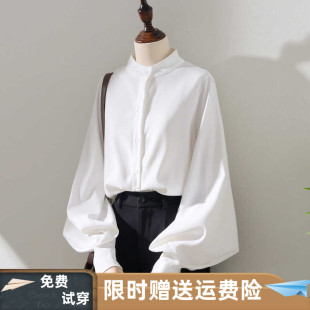 春新款灯笼袖白色衬衫女长袖磨毛上衣韩版宽松港味立领泡泡袖衬衣
