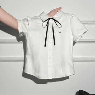 上衣 女蝴蝶结系带显瘦设计感小众短款 韩系学院风白色翻领短袖 衬衫