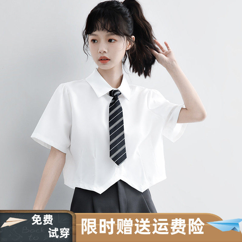 白色短款带领带短袖衬衫女夏季图片