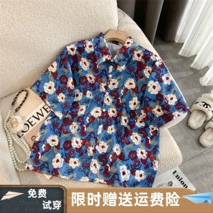 2025夏季港风潮流印花Polo短袖花衬衫宽松半袖上衣女雪纺复古衬衣