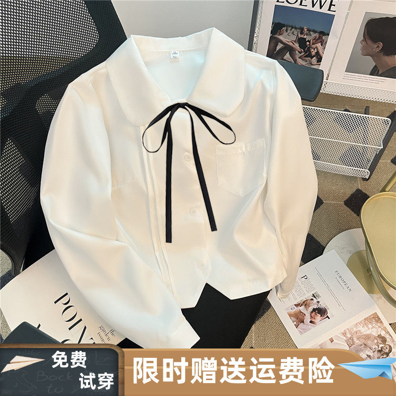 秋季日系学院风娃娃领jk白色衬衫女百搭衬衣风琴褶系带蝴蝶结上衣