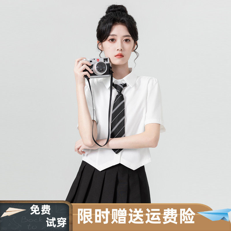 白色短款带领带短袖衬衫女夏上衣图片