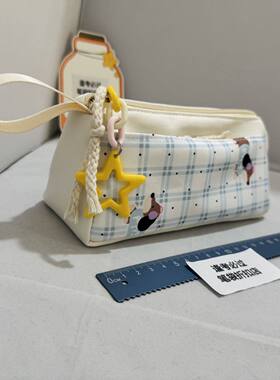 【Bolor正品】日系卡通格子笔袋学生大容量多功能收纳文具蓝白色