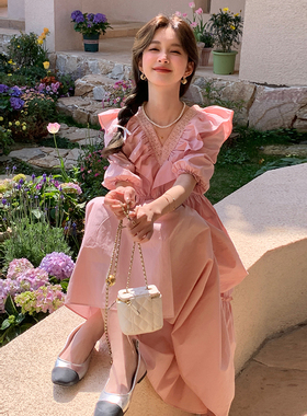 V领蕾丝连荷叶长款浪漫仙女连衣裙w255-p125-k178