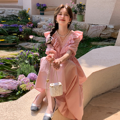 V领蕾丝连荷叶长款浪漫仙女连衣裙w255-p125-k178