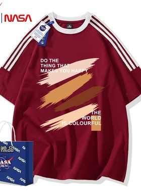 夏季美式重磅纯棉三条杠短袖T恤男女款休闲宽松百搭上衣服五分袖