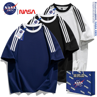 NASA联名日系复古重磅纯棉条纹三杠短袖t恤男女款夏季百搭插肩袖