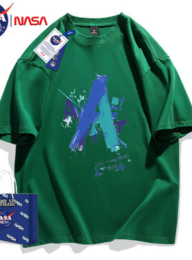 NASA联名纯棉短袖T恤男夏季重磅日常百搭休闲复古风印花潮流上衣