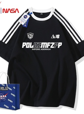 NASA联名夏季重磅纯棉三条杠短袖T恤男女款美式简约字母五分袖男