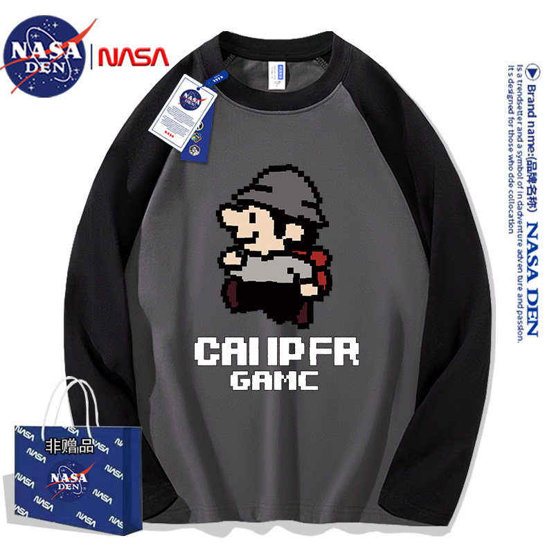 NASA联名2026年重磅纯棉插肩拼接长袖T恤男女款简约美式撞色t恤衫,男装,T恤,淘宝优惠券,粉丝福利购,淘宝优惠卷