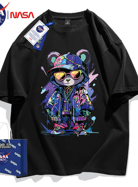 NASA联名夏季复古重磅纯棉短袖T恤男女款休闲圆领宽松印花五分袖