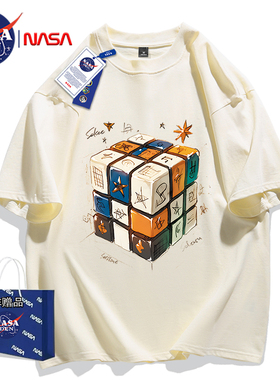 NASA联名夏季新款纯棉短袖t恤男女款休闲圆领五分袖ins宽松情侣款