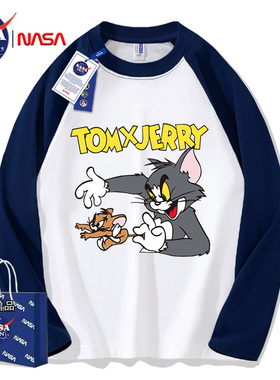 NASA联名重磅日系纯棉插肩拼接长袖T恤男女款春秋季内搭情侣上衣