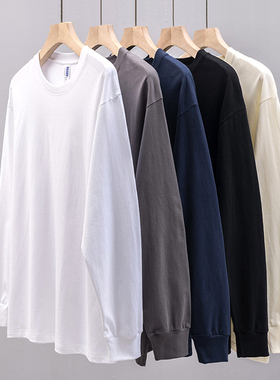 美式复古重磅纯棉长袖t恤男女款春秋季简约纯色内搭打底衫卫衣男