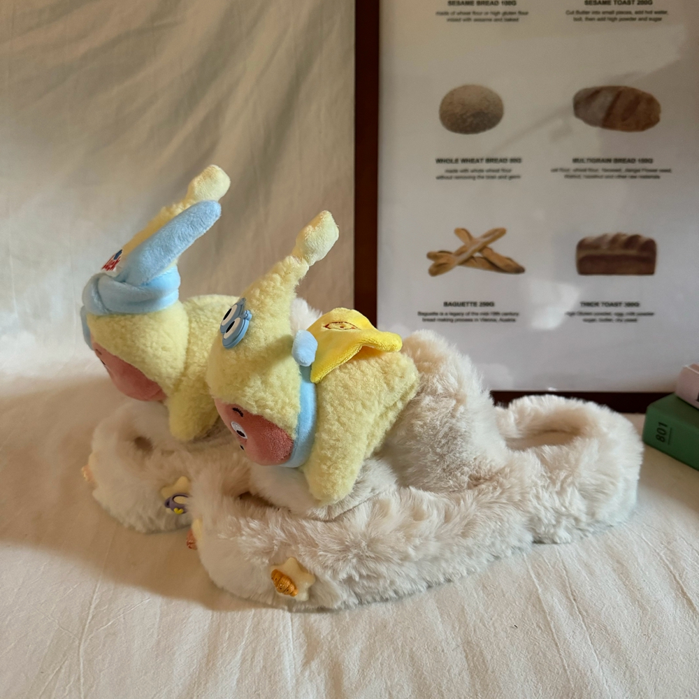 林先叁 趴着星星人冬季新款加绒保暖毛毛鞋女厚底增高百搭棉拖鞋