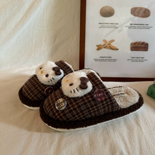 林先叁 Kitty布朗尼格纹包头棉拖鞋女加绒保暖厚底毛毛拖鞋