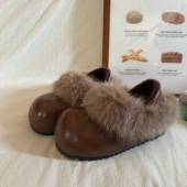 林先叁 两穿拖 加绒保暖内增高懒人棉鞋 皮质复古毛毛勃肯鞋 女冬季