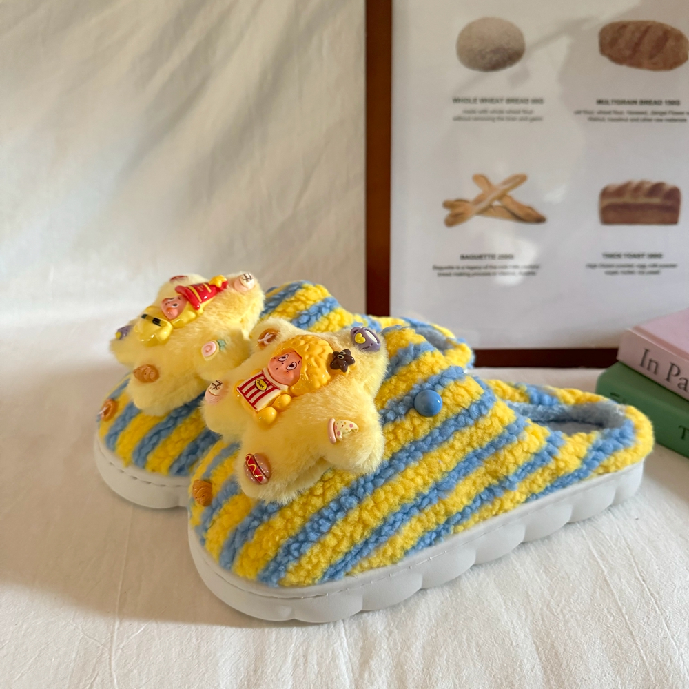 林先叁 冬季新款星星人毛绒拖鞋女外穿厚底棉拖鞋女居家防滑保暖