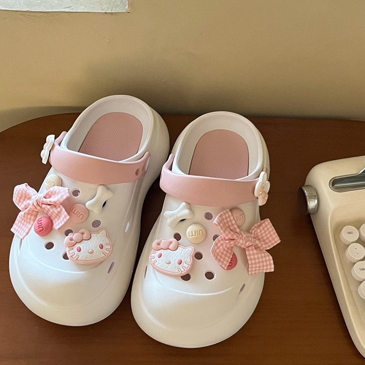 林先叁 可爱少女新蝴蝶结厚底洞洞鞋女2025新款增高百搭包头半拖