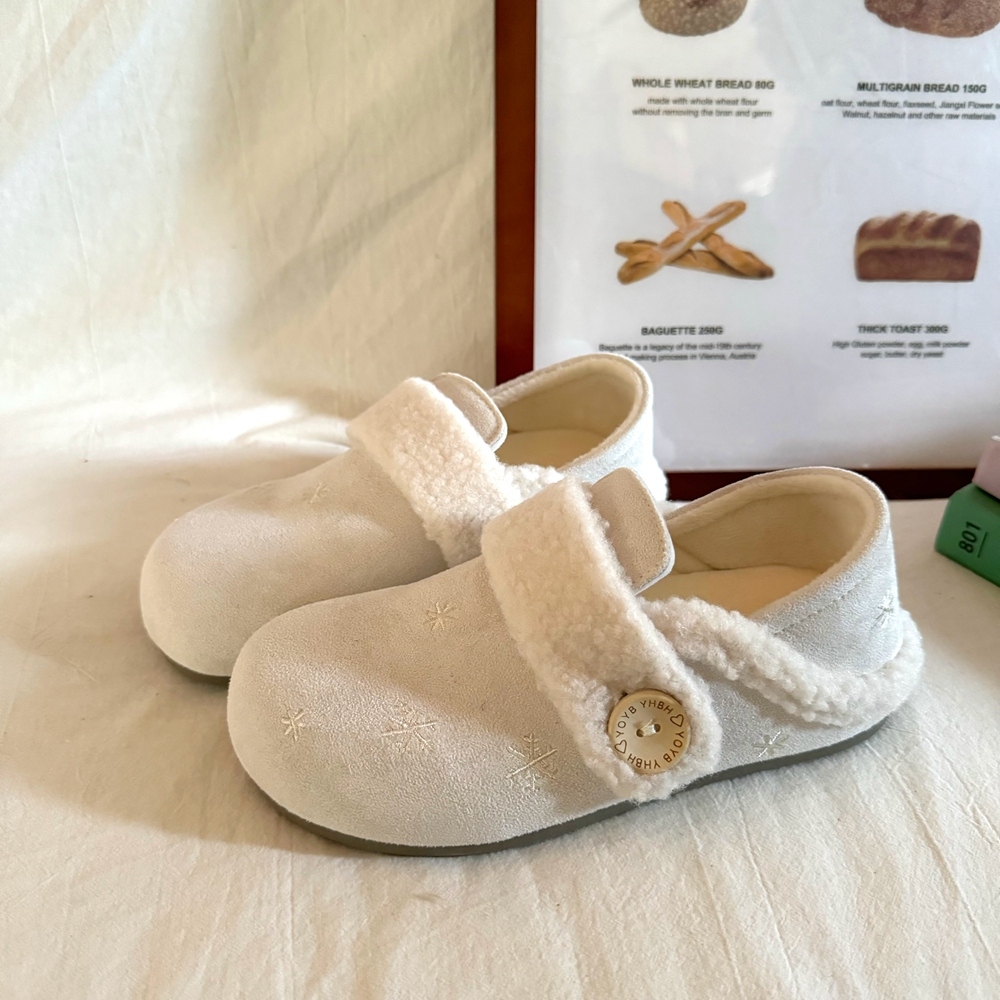 林先叁 雪花刺绣毛绒勃肯鞋女冬季加绒保暖搭扣休闲鞋白色单鞋