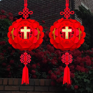 春节新年创意红色喜庆大红灯笼新款十字架圆灯笼传统挂件装饰用品