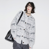 宽松针织衫 毛衣外套女春秋款 费尔岛小狗提花开衫 万有引力博物馆