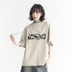 上衣K 宽松纯棉半袖 万有引力博物馆蝴蝶印花短袖 T恤女夏2024年新款