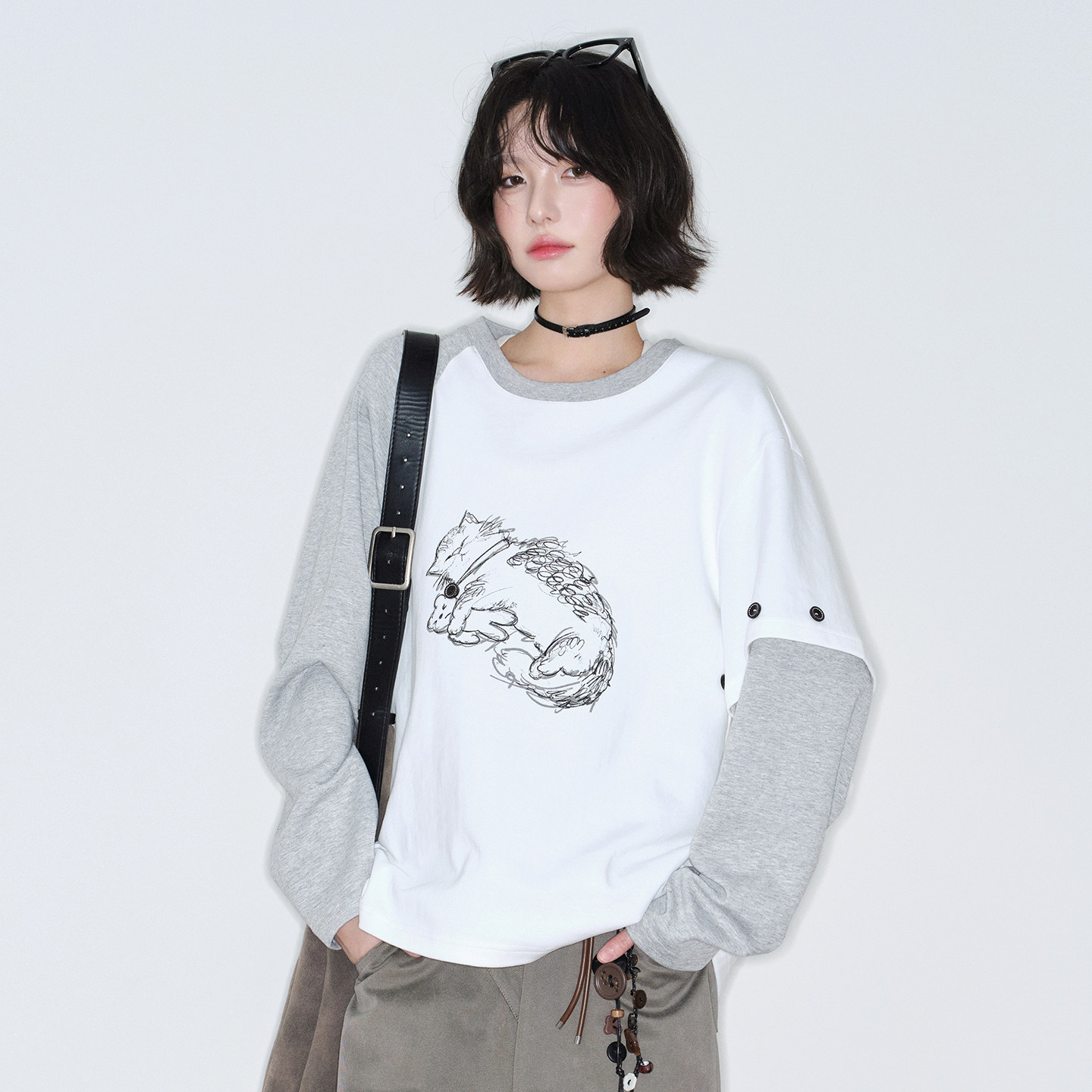 万有引力博物馆 小猫印花拼接撞色长袖T恤女春季2026新款早春上衣