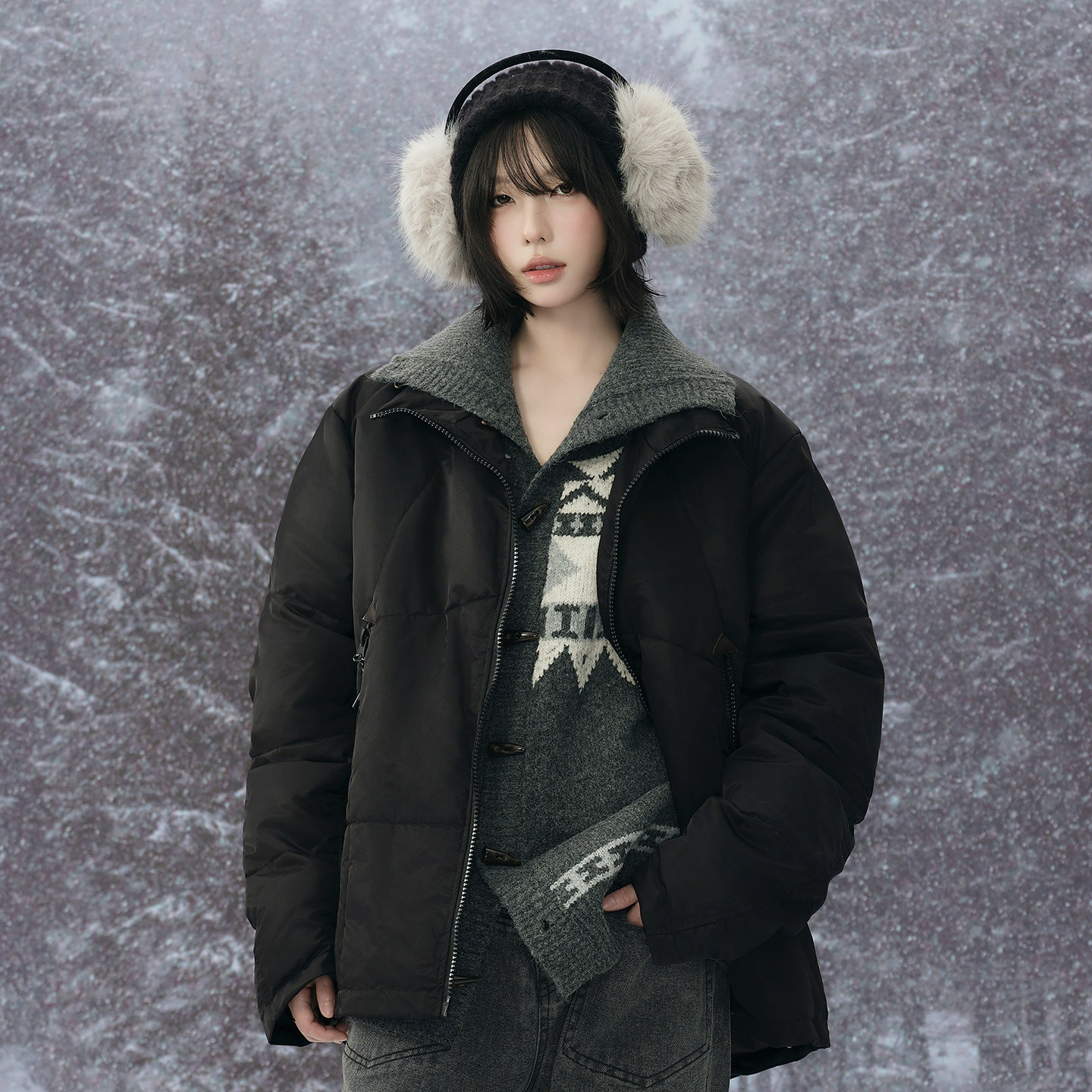 万有引力博物馆100%羊毛填充翻领棉服女冬季保暖棉衣宽松冬装外套