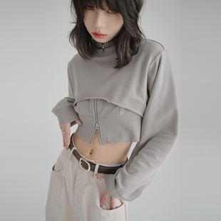 2023年新款 立领卫衣女春季 设计感上衣K 假两件短款 万有引力博物馆