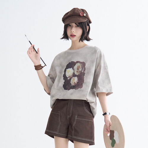 万有引力博物馆 油画玫瑰印花短袖T恤女夏季2026新款宽松扎染上衣