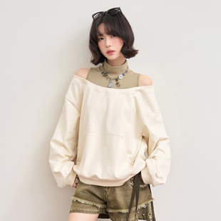 万有引力博物馆「一览风月」拼接撞色小高领露肩卫衣女早春款 上衣