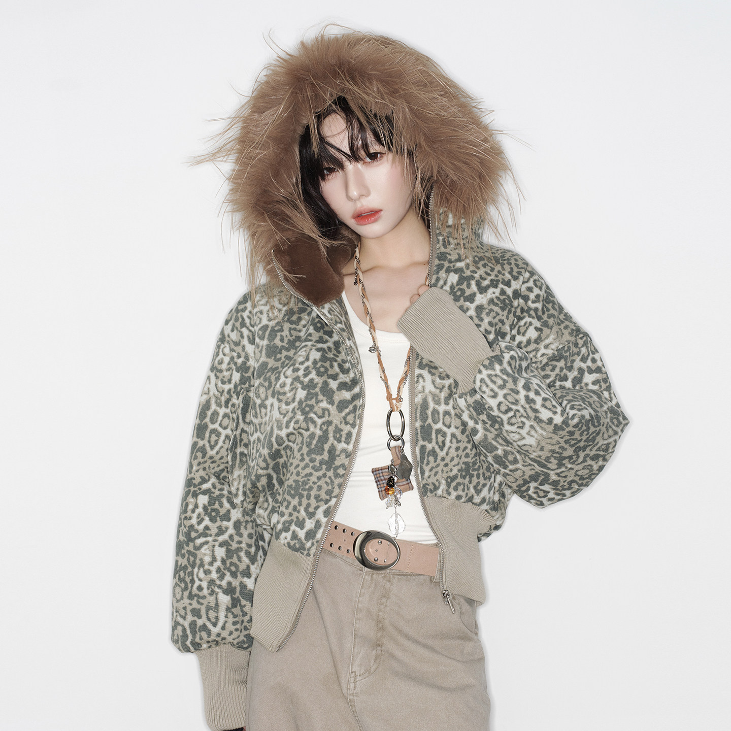 万有引力博物馆 美式复古豹纹短款棉服女冬季大毛领连帽棉衣外套