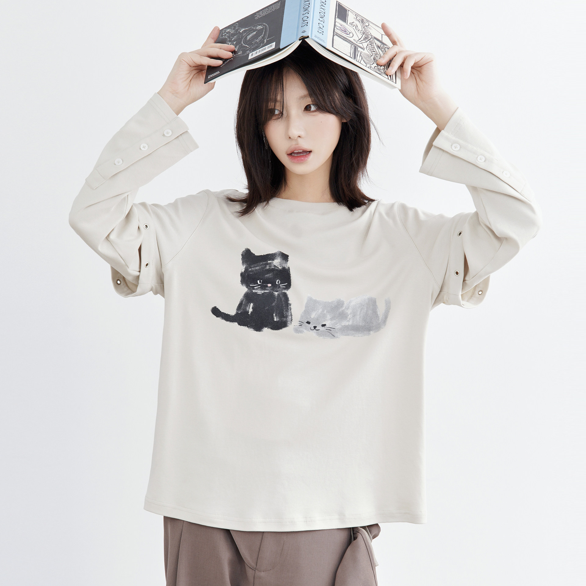万有引力博物馆 假两件印花长袖T恤女夏季薄款宽松莱赛尔凉感上衣图片