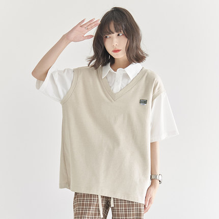 万有引力博物馆假两件针织背心短袖衬衫女夏季设计感宽松叠穿上衣